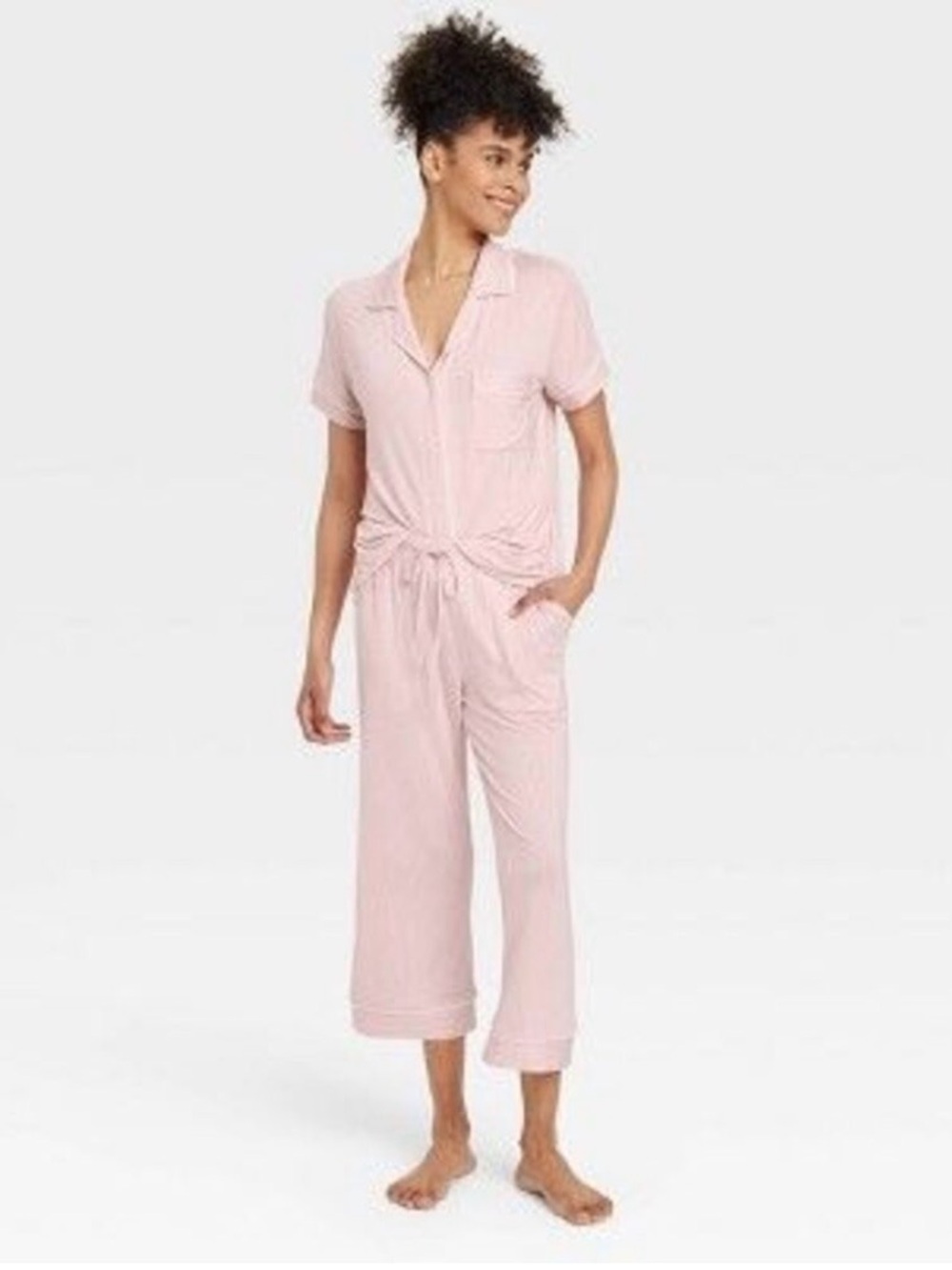 Auden Cloud Knit Pajama Set, Notched Collar Button Down Top & Capri Pants